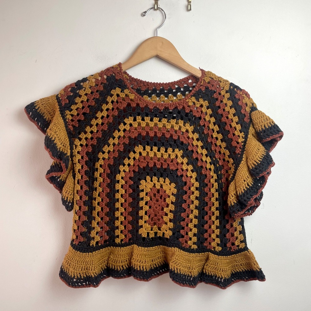 Handmade Crochet Granny Square Ruffle Top Earth Tones Boho Festival Short Sleeve